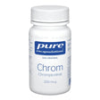 Eine weiße Plastikflasche mit einem weißen Schraubverschluss. Auf der Vorderseite steht "pure encapsulations", "Das Original", "Chrom Chrompicolinat 200 mcg". Die Flasche ist auf einem weißen Hintergrund abgebildet.
