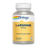 Ein weißes Plastikfläschchen mit einem Etikett in Gelb und Blau. Auf dem Etikett steht „Solaray L-Arginine 500 mg + Cardiovascular Health“. Das Fläschchen enthält 100 VegCaps und ist für die Unterstützung der Herz-Kreislauf-Gesundheit gedacht.