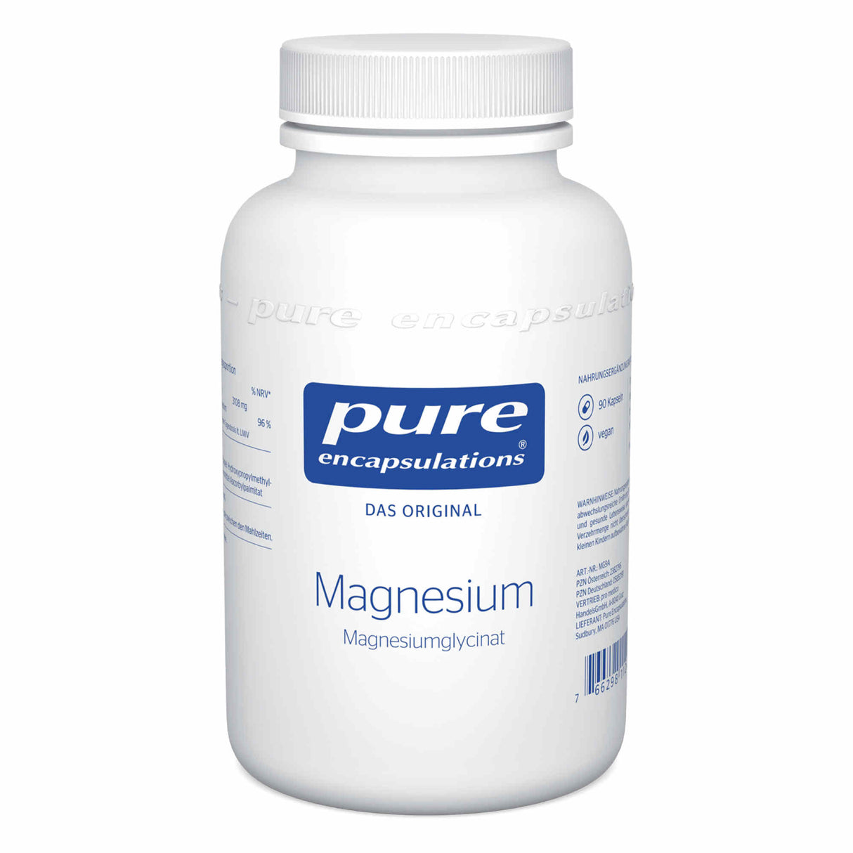 Eine weiße Plastikflasche mit Schraubverschluss, beschriftet mit "pure encapsulations Magnesium". Das Etikett ist blau und weiß, mit Informationen zur Marke und Inhaltsstoffen. Die Flasche steht vor weißem Hintergrund.