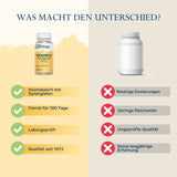Vergleich von zwei Vitamin-C-Produkten: Solaray mit hoher Dosierung, 100-Tage-Vorrat, laborgeprüft, seit 1973; anderes mit niedriger Dosierung, geringer Reichweite.