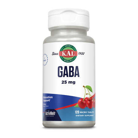 KAL GABA 25 mg, Nahrungsergänzungsmittel, 120 Mikrotabletten, Kirschgeschmack, unterstützt Entspannung.
