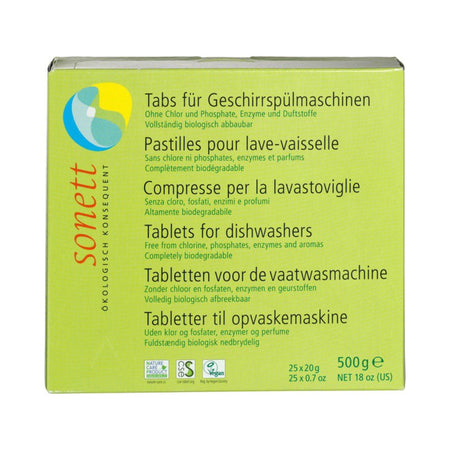 Die Abbildung zeigt eine Verpackung von Sonett Geschirrspülmaschinentabs. Die Verpackung ist grün mit dem Sonett-Logo links. Auf der Vorderseite sind Informationen in mehreren Sprachen zur biologischen Abbaubarkeit und Inhaltsstoffen wie Enzyme und Duftstoffe angegeben. Die Verpackung enthält 25 Tabs mit einem Gesamtgewicht von 500 g. Unten auf der Verpackung sind verschiedene Umwelt- und Vegan-Siegel zu sehen.
