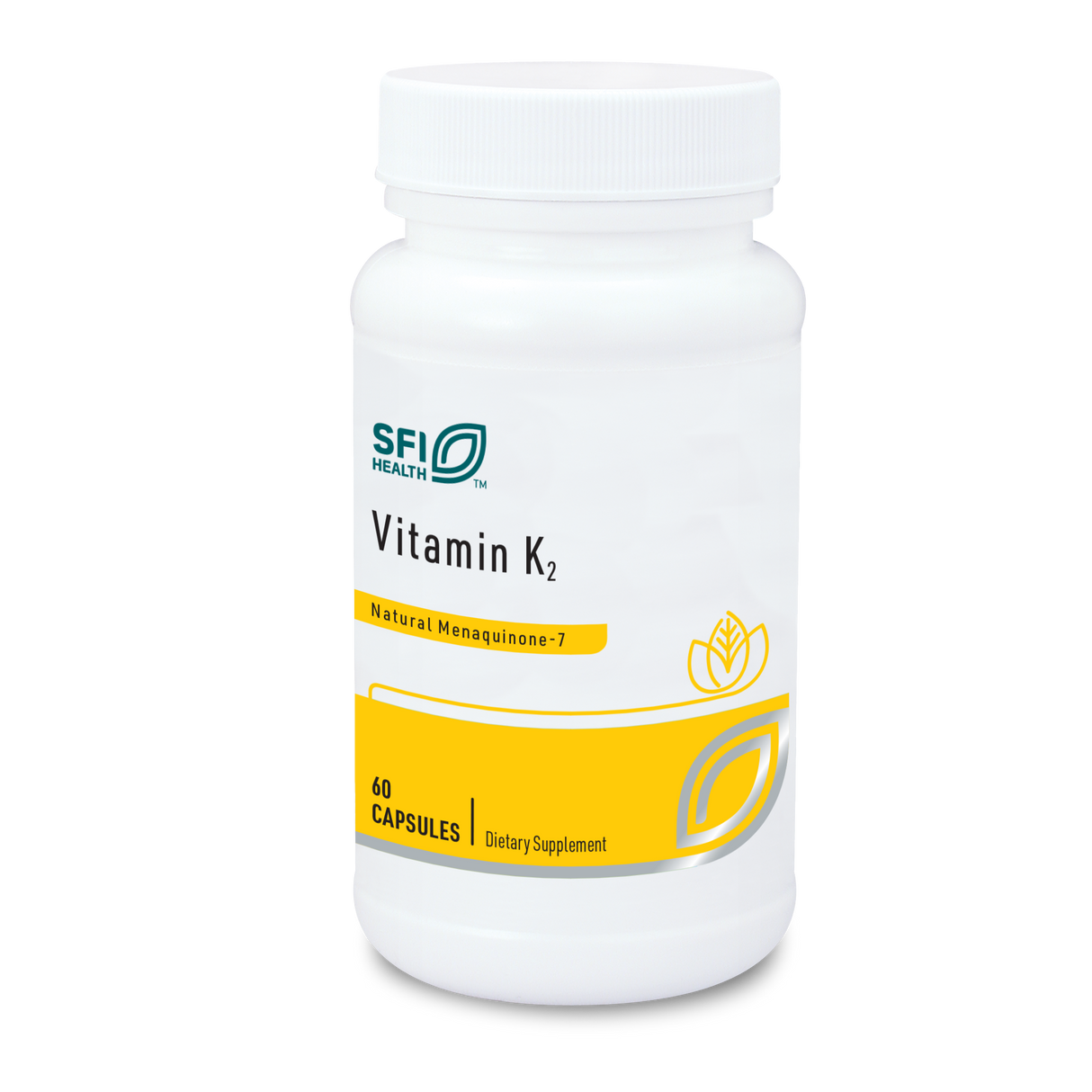 Eine weiße Plastikflasche mit einem Schraubverschluss, auf der "SFI Health" und "Vitamin K2" steht. Die Flasche enthält 60 Kapseln und ist als Nahrungsergänzungsmittel gekennzeichnet. Das Etikett ist in Weiß und Gelb gehalten.