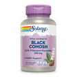 Das Bild zeigt eine Flasche mit Nahrungsergänzungsmittel von Solaray. Die Flasche ist lila und trägt die Aufschrift 'Vital Extracts Black Cohosh 0.2% Triterpene Glycosides 545 mg + Midlife Support'. Sie enthält 120 Vegcaps und ist vegan sowie laborgeprüft. Auf der Flasche ist ein Bild der Black Cohosh Pflanze zu sehen.