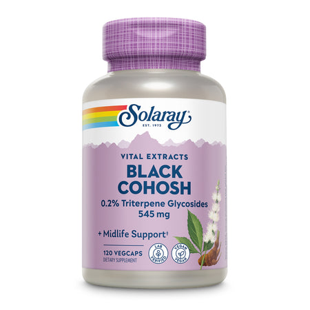 Das Bild zeigt eine Flasche mit Nahrungsergänzungsmittel von Solaray. Die Flasche ist lila und trägt die Aufschrift 'Vital Extracts Black Cohosh 0.2% Triterpene Glycosides 545 mg + Midlife Support'. Sie enthält 120 Vegcaps und ist vegan sowie laborgeprüft. Auf der Flasche ist ein Bild der Black Cohosh Pflanze zu sehen.