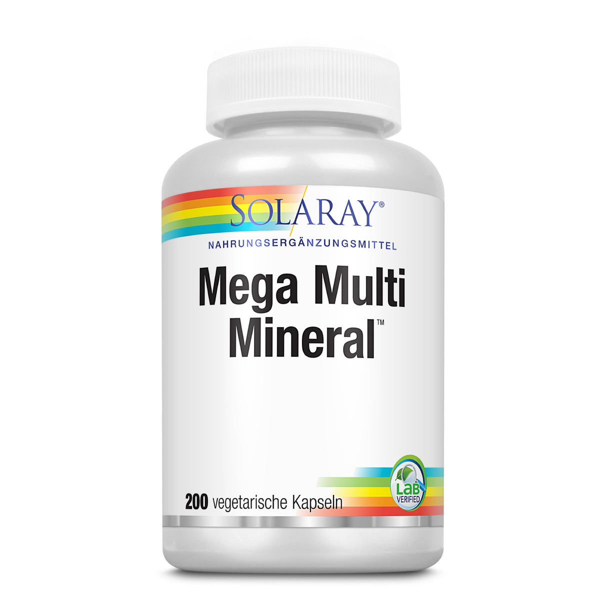 Eine weiße Flasche mit der Aufschrift 'Solaray Mega Multi Mineral'. Die Flasche hat ein Regenbogen-Design am oberen Rand. Unten steht '200 vegetarische Kapseln'. Ein grünes Lab-Verified-Siegel ist sichtbar.