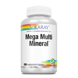 Eine weiße Flasche mit der Aufschrift 'Solaray Mega Multi Mineral'. Die Flasche hat ein Regenbogen-Design am oberen Rand. Unten steht '200 vegetarische Kapseln'. Ein grünes Lab-Verified-Siegel ist sichtbar.