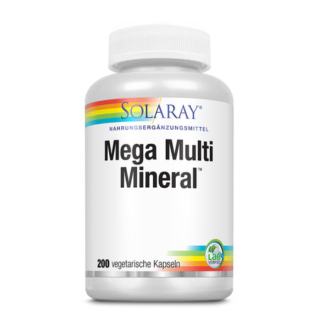 Eine weiße Flasche mit der Aufschrift 'Solaray Mega Multi Mineral'. Die Flasche hat ein Regenbogen-Design am oberen Rand. Unten steht '200 vegetarische Kapseln'. Ein grünes Lab-Verified-Siegel ist sichtbar.