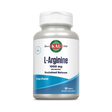 Eine weiße Kunststoffflasche mit einem Etikett, auf dem "KAL L-Arginine 1000 mg" steht. Die Flasche enthält 120 Tabletten eines Nahrungsergänzungsmittels. Das Etikett ist blau und weiß mit grünen und roten Akzenten. Es wird als "Sustained Release" und "Free-Form" beschrieben.