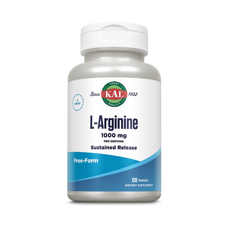 Eine weiße Kunststoffflasche mit einem Etikett, auf dem "KAL L-Arginine 1000 mg" steht. Die Flasche enthält 120 Tabletten eines Nahrungsergänzungsmittels. Das Etikett ist blau und weiß mit grünen und roten Akzenten. Es wird als "Sustained Release" und "Free-Form" beschrieben.