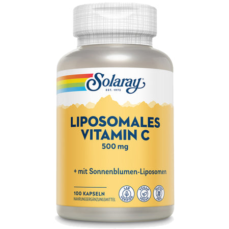 Das Bild zeigt eine Flasche Solaray Liposomales Vitamin C mit 500 mg, verpackt in einer gelben und weißen Plastikflasche. Auf der Flasche steht „mit Sonnenblumen-Liposomen“. Es sind 100 Kapseln enthalten. Die Flasche ist mit Lab-Verified, Vegan und Gluten-Free Symbolen versehen.