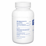 Eine weiße Plastikflasche mit einem blauen Etikett, das Informationen über Magnesium-Citrat-Kapseln enthält. Auf dem Etikett sind die Inhaltsstoffe, die empfohlene Verzehrmenge und die Website purecaps.net angegeben.