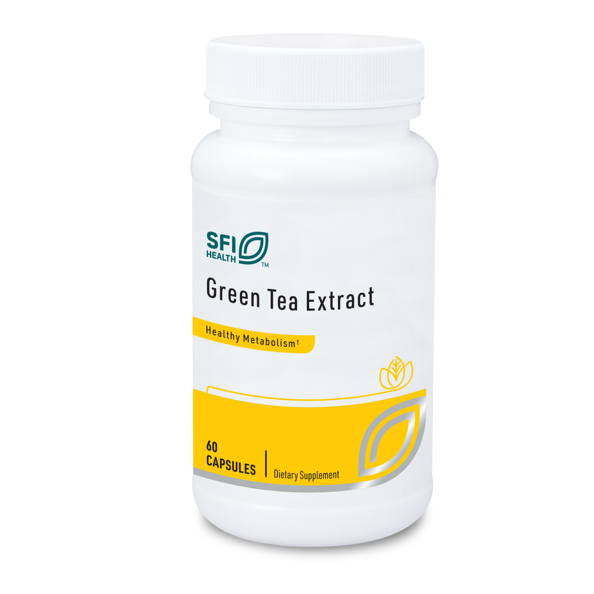 Eine weiße Plastikflasche mit der Aufschrift 'SFI Health Green Tea Extract'. Die Flasche enthält 60 Kapseln und ist als Nahrungsergänzungsmittel für einen gesunden Stoffwechsel gekennzeichnet. Das Etikett ist weiß mit gelben Akzenten.