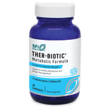 Eine blaue Flasche mit einem weißen Etikett, auf dem "SFI Health THER-BIOTIC Metabolic Formula" steht. Die Flasche enthält 60 Kapseln und unterstützt den gesunden Stoffwechsel und das Gewichtsmanagement. Auf dem Etikett sind 7 probiotische Arten und 25 Milliarden KBE angegeben.