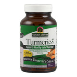 Das Bild zeigt eine braune Plastikflasche mit weißem Deckel. Auf dem Etikett steht 'Nature's Answer Turmeric-3', ein Nahrungsergänzungsmittel für gesunde Gelenkfunktion. Enthält 12.800 mg Kurkuma pro Portion, vegan und glutenfrei.
