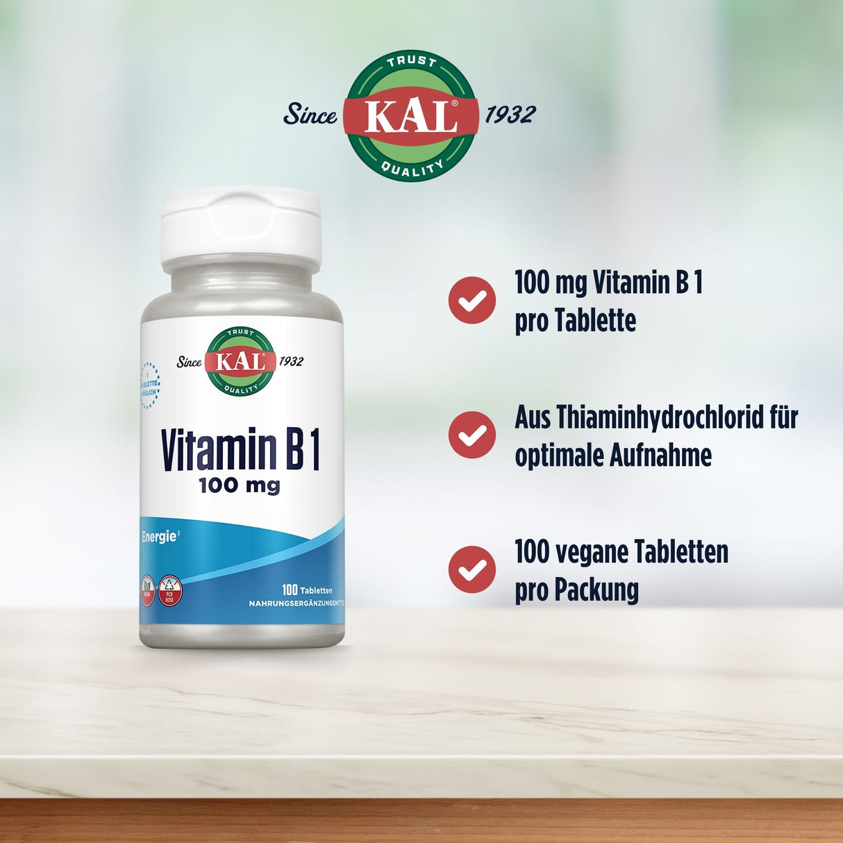 Vitamin B1 Produktbild mit 100 mg pro Tablette, aus Thiaminhydrochlorid, 100 vegane Tabletten pro Packung. Marke KAL, seit 1932.