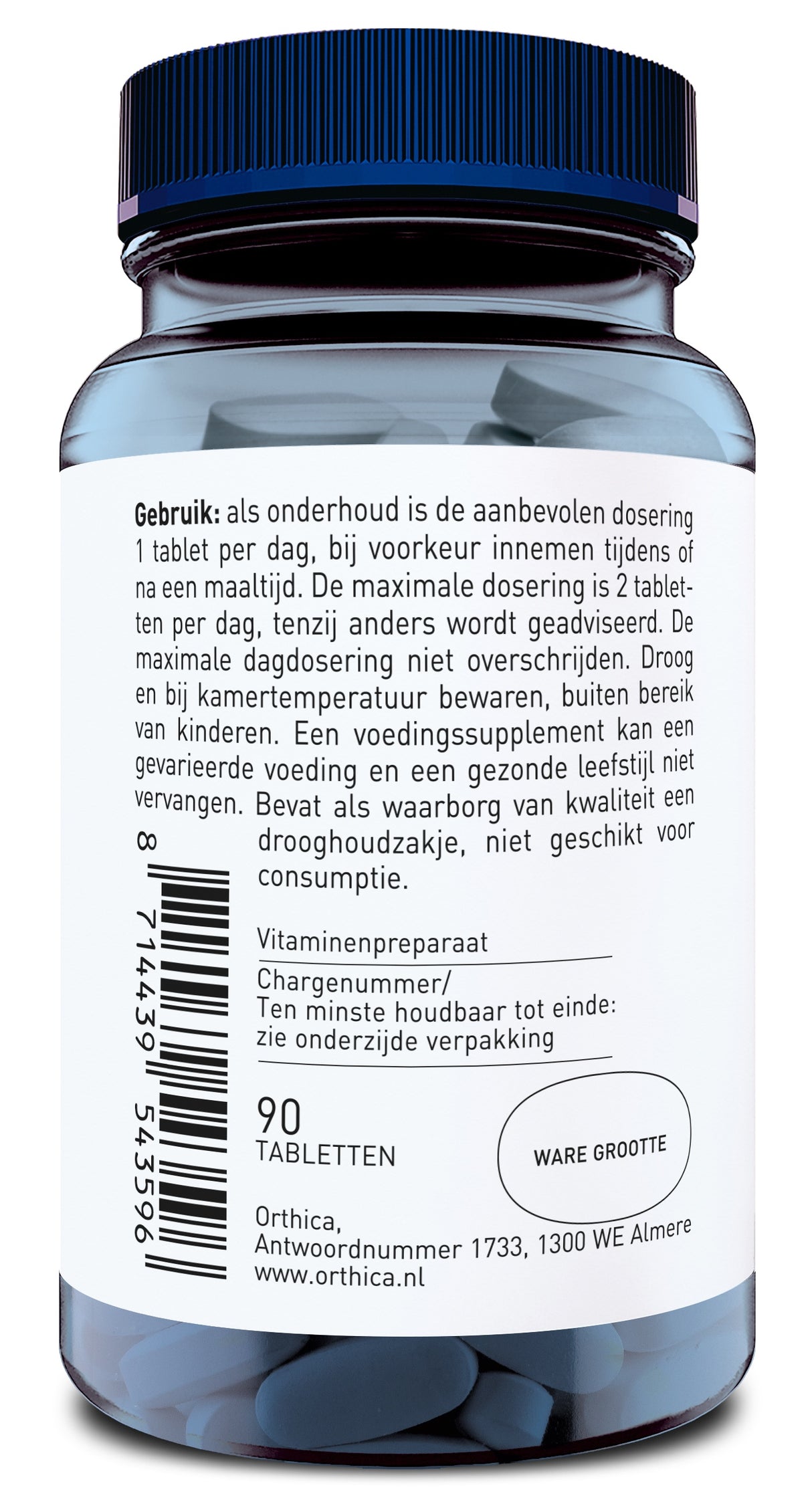 Eine durchsichtige Plastikflasche mit blauem Deckel, gefüllt mit blauen Tabletten. Auf dem Etikett stehen Gebrauchsanweisungen auf Niederländisch, ein Barcode und die Angabe '90 Tabletten'. Herstellerinformationen und Website sind ebenfalls sichtbar.