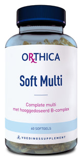 Das Bild zeigt eine Flasche mit Nahrungsergänzungsmitteln der Marke Orthica. Auf dem Etikett steht 'Soft Multi' und 'Complete multi met hooggedoseerd B-complex'. Die Flasche enthält 60 Softgels und ist als 'Voedingssupplement' gekennzeichnet.