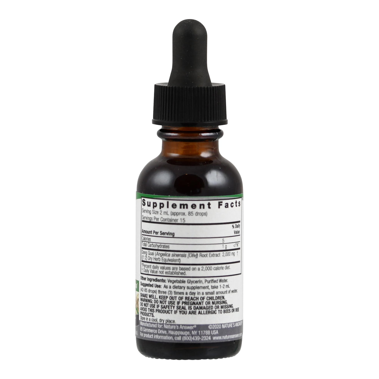 Das Bild zeigt eine braune Flasche mit Pipette, die als Nahrungsergänzungsmittel gekennzeichnet ist. Auf dem Etikett sind die Inhaltsstoffe und Dosierungsanweisungen aufgedruckt. Die Flasche steht aufrecht auf einer weißen Oberfläche.