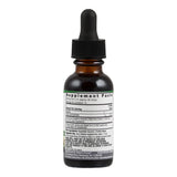 Das Bild zeigt eine braune Flasche mit Pipette, die als Nahrungsergänzungsmittel gekennzeichnet ist. Auf dem Etikett sind die Inhaltsstoffe und Dosierungsanweisungen aufgedruckt. Die Flasche steht aufrecht auf einer weißen Oberfläche.