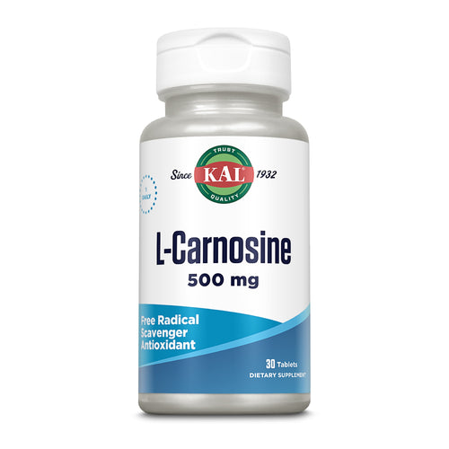 Flasche mit L-Carnosine 500 mg Tabletten von KAL, 30 Stück, Antioxidans, weißes Etikett mit blauem Text.
