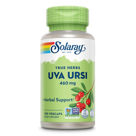 Das Bild zeigt eine Flasche des Nahrungsergänzungsmittels Solaray True Herbs Uva Ursi mit 460 mg. Die Flasche ist grün mit roten Beeren und Blättern auf dem Etikett. Es ist für pflanzliche Unterstützung und enthält 100 Vegcaps. Auf dem Etikett sind auch Non-GMO- und Lab-Verified-Siegel zu sehen.