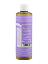 Eine Flasche flüssige Seife von Dr. Bronner's mit Lavendelduft. Die Flasche ist transparent mit einem lila Etikett, auf dem Anwendungshinweise und Zertifizierungen zu sehen sind. Der Verschluss ist weiß. Die Flasche steht aufrecht.