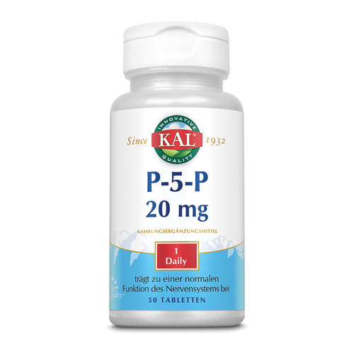 Weiße Flasche mit Etikett "KAL P-5-P 20 mg", Nahrungsergänzungsmittel, 50 Tabletten, unterstützt Nervensystem, 1 täglich.