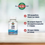 Vitamin C Nahrungsergänzungsmittel von KAL mit 1000 mg pro Tablette, verzögerter Freisetzung über 6–8 Stunden, 100 vegane Tabletten pro Packung.