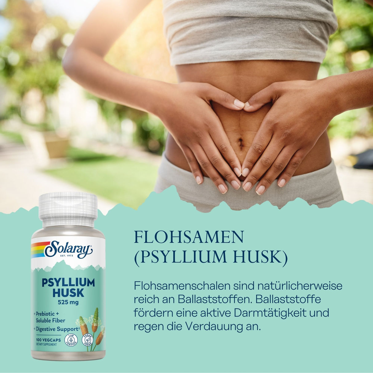Frau hält Hände auf Bauch, daneben Psyllium Husk Produkt von Solaray. Text erklärt Vorteile von Flohsamenschalen für die Verdauung.