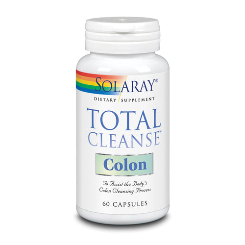 Eine weiße Plastikflasche mit einem bunten Etikett, auf dem "Solaray Total Cleanse Colon" steht. Die Flasche enthält 60 Kapseln und ist als Nahrungsergänzungsmittel für die Darmreinigung gekennzeichnet.