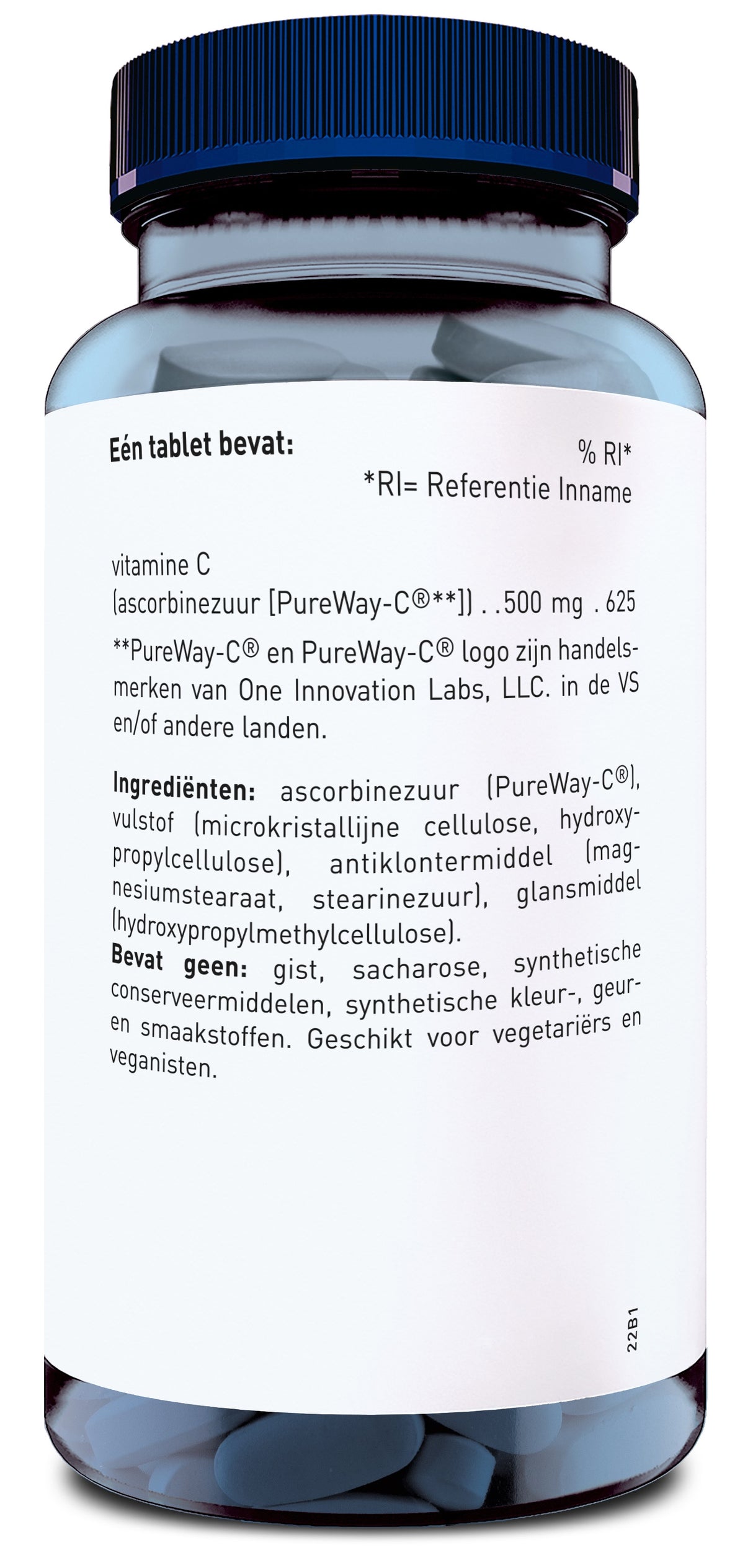 Ein blaues Glas mit einem schwarzen Deckel, das Vitamintabletten enthält. Auf dem Etikett steht, dass eine Tablette 500 mg Vitamin C (Ascorbinsäure) enthält, unter dem Markennamen PureWay-C®. Das Etikett listet auch die Zutaten auf, darunter mikrokristalline Cellulose und Hydroxypropylcellulose. Das Produkt enthält keine Hefe, Saccharose, synthetische Konservierungsstoffe oder künstliche Farb- und Geschmacksstoffe und ist für Vegetarier und Veganer geeignet.