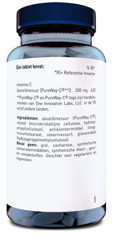 Ein blaues Glas mit einem schwarzen Deckel, das Vitamintabletten enthält. Auf dem Etikett steht, dass eine Tablette 500 mg Vitamin C (Ascorbinsäure) enthält, unter dem Markennamen PureWay-C®. Das Etikett listet auch die Zutaten auf, darunter mikrokristalline Cellulose und Hydroxypropylcellulose. Das Produkt enthält keine Hefe, Saccharose, synthetische Konservierungsstoffe oder künstliche Farb- und Geschmacksstoffe und ist für Vegetarier und Veganer geeignet.