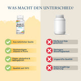Das Bild zeigt einen Vergleich zwischen zwei Vitamin-K2-Produkten. Auf der linken Seite steht eine Flasche von Solaray Vitamin K2 Menaquinon-7 mit Vorteilen wie natürlicher Quelle, hochwertiger Vitamin-K-Form, vegan, glutenfrei und Qualität seit 1973. Auf der rechten Seite ist eine generische Flasche mit Nachteilen wie häufig aus Soja gewonnen, geringere Bioverfügbarkeit, ungeprüfte Qualität und keine langjährige Erfahrung. Oben steht der Text 'WAS MACHT DEN UNTERSCHIED?'.