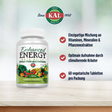Werbung für ein Multivitaminpräparat von KAL mit 60 vegetarischen Tabletten. Enthält Vitamine, Mineralien und Kräuter für optimale Aufnahme.