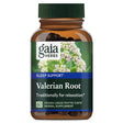 Das Bild zeigt eine braune Plastikflasche mit einem grünen Deckel, die ein Nahrungsergänzungsmittel enthält. Auf dem Etikett steht „gaia HERBS“ und „Valerian Root“. Es ist für Schlafunterstützung gedacht und enthält 60 vegane flüssige Phyto-Kapseln. Im Hintergrund ist ein Bild von Baldrianblüten zu sehen.