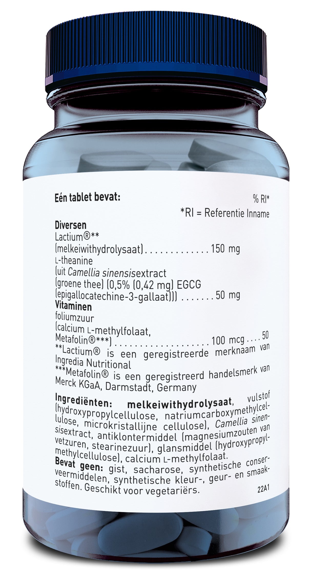 Eine blaue Plastikflasche mit einem Etikett in niederländischer Sprache. Das Etikett listet Inhaltsstoffe wie Lactium®, L-Theanin aus Camellia sinensis-Extrakt und verschiedene Vitamine auf. Die Flasche enthält Tabletten und ist für Vegetarier geeignet.