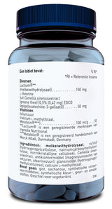Eine blaue Plastikflasche mit einem Etikett in niederländischer Sprache. Das Etikett listet Inhaltsstoffe wie Lactium®, L-Theanin aus Camellia sinensis-Extrakt und verschiedene Vitamine auf. Die Flasche enthält Tabletten und ist für Vegetarier geeignet.