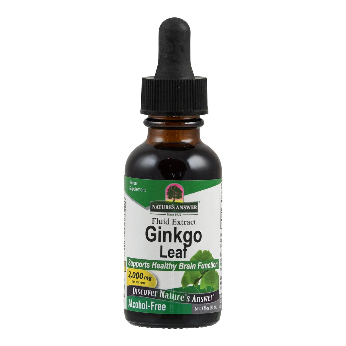 Eine braune Glasflasche mit Pipette, auf der "Nature's Answer Fluid Extract Ginkgo Leaf" steht. Das Etikett ist grün und weiß, mit Informationen zur Unterstützung der Gehirnfunktion und einem Hinweis auf alkoholfrei. Die Flasche enthält 30 ml.