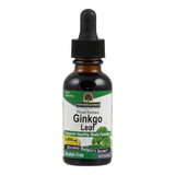 Eine braune Glasflasche mit Pipette, auf der "Nature's Answer Fluid Extract Ginkgo Leaf" steht. Das Etikett ist grün und weiß, mit Informationen zur Unterstützung der Gehirnfunktion und einem Hinweis auf alkoholfrei. Die Flasche enthält 30 ml.