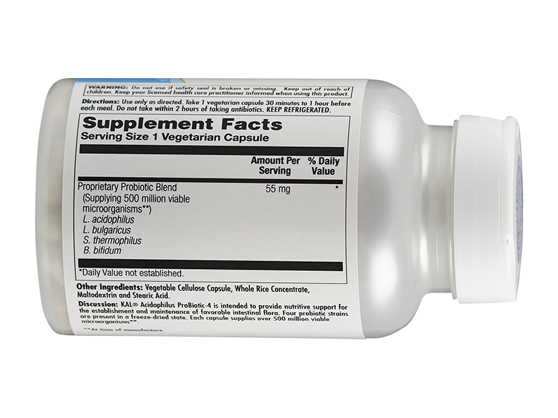 Etikett einer Nahrungsergänzungsmittelflasche mit Angaben zu probiotischen Inhaltsstoffen, inklusive Lactobacillus-Arten und Bifidobacterium bifidum.
