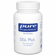 Ein weißes Plastikgefäß mit Schraubverschluss, auf dem Etikett steht 'pure encapsulations DGL Plus' und 'Pflanzenextrakt-Kombination'.