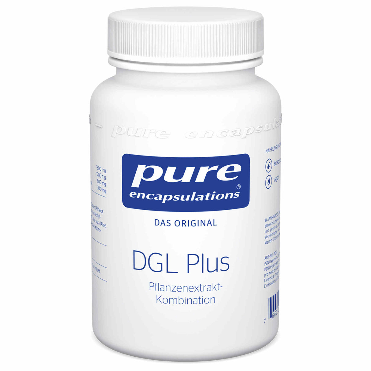 Ein weißes Plastikgefäß mit Schraubverschluss, auf dem Etikett steht 'pure encapsulations DGL Plus' und 'Pflanzenextrakt-Kombination'.