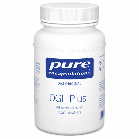 Ein weißes Plastikgefäß mit Schraubverschluss, auf dem Etikett steht 'pure encapsulations DGL Plus' und 'Pflanzenextrakt-Kombination'.