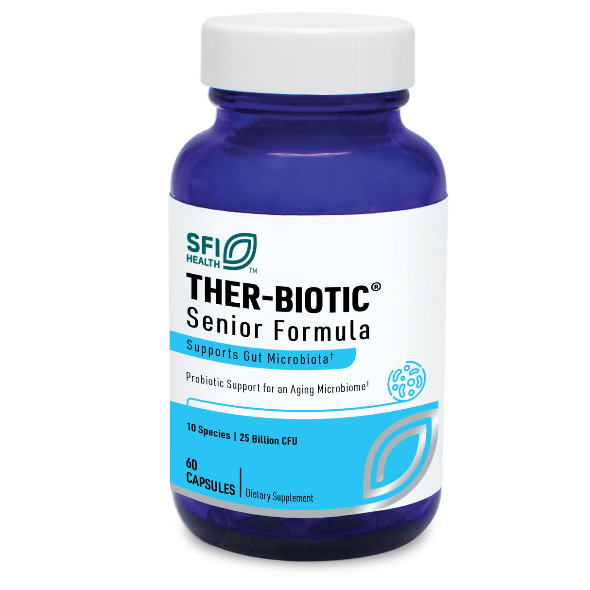 Eine blaue Flasche mit weißem Etikett, auf dem "THER-BIOTIC Senior Formula" steht. Enthält 60 Kapseln, 10 Arten, 25 Milliarden KBE. Unterstützt die Darmgesundheit älterer Menschen. Marke: SFI Health.