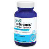 Eine blaue Flasche mit weißem Etikett, auf dem "THER-BIOTIC Senior Formula" steht. Enthält 60 Kapseln, 10 Arten, 25 Milliarden KBE. Unterstützt die Darmgesundheit älterer Menschen. Marke: SFI Health.