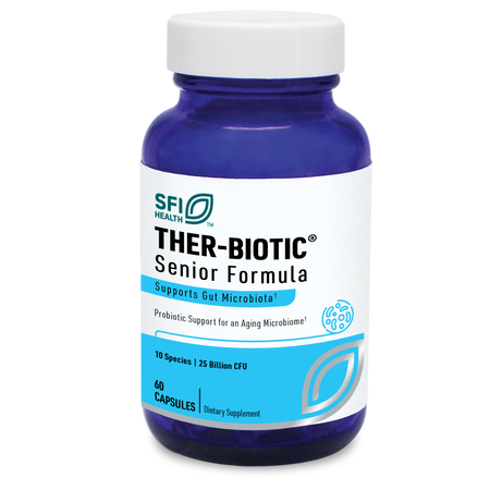 Eine blaue Flasche mit weißem Etikett, auf dem "THER-BIOTIC Senior Formula" steht. Enthält 60 Kapseln, 10 Arten, 25 Milliarden KBE. Unterstützt die Darmgesundheit älterer Menschen. Marke: SFI Health.