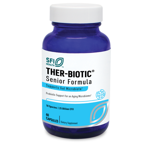 Eine blaue Flasche mit weißem Etikett, auf dem "THER-BIOTIC Senior Formula" steht. Enthält 60 Kapseln, 10 Arten, 25 Milliarden KBE. Unterstützt die Darmgesundheit älterer Menschen. Marke: SFI Health.