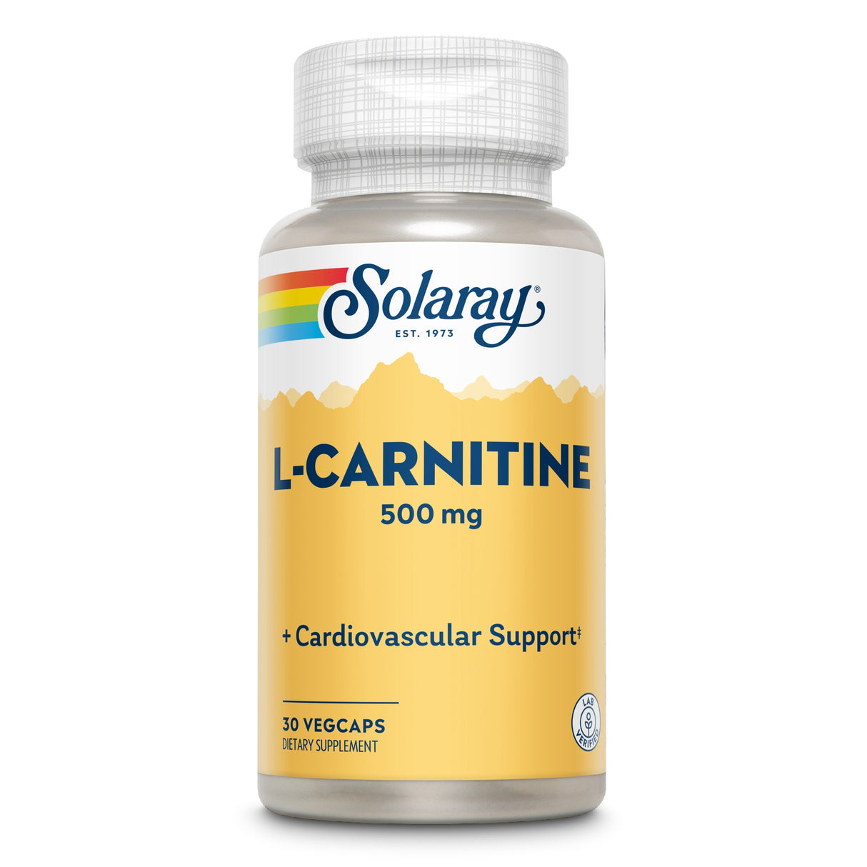 Eine weiße Plastikflasche mit einem gelben Etikett, auf dem "Solaray L-Carnitine 500 mg" steht. Das Etikett zeigt ein Bergmotiv und verspricht "Cardiovascular Support". Die Flasche enthält 30 vegetarische Kapseln als Nahrungsergänzungsmittel.