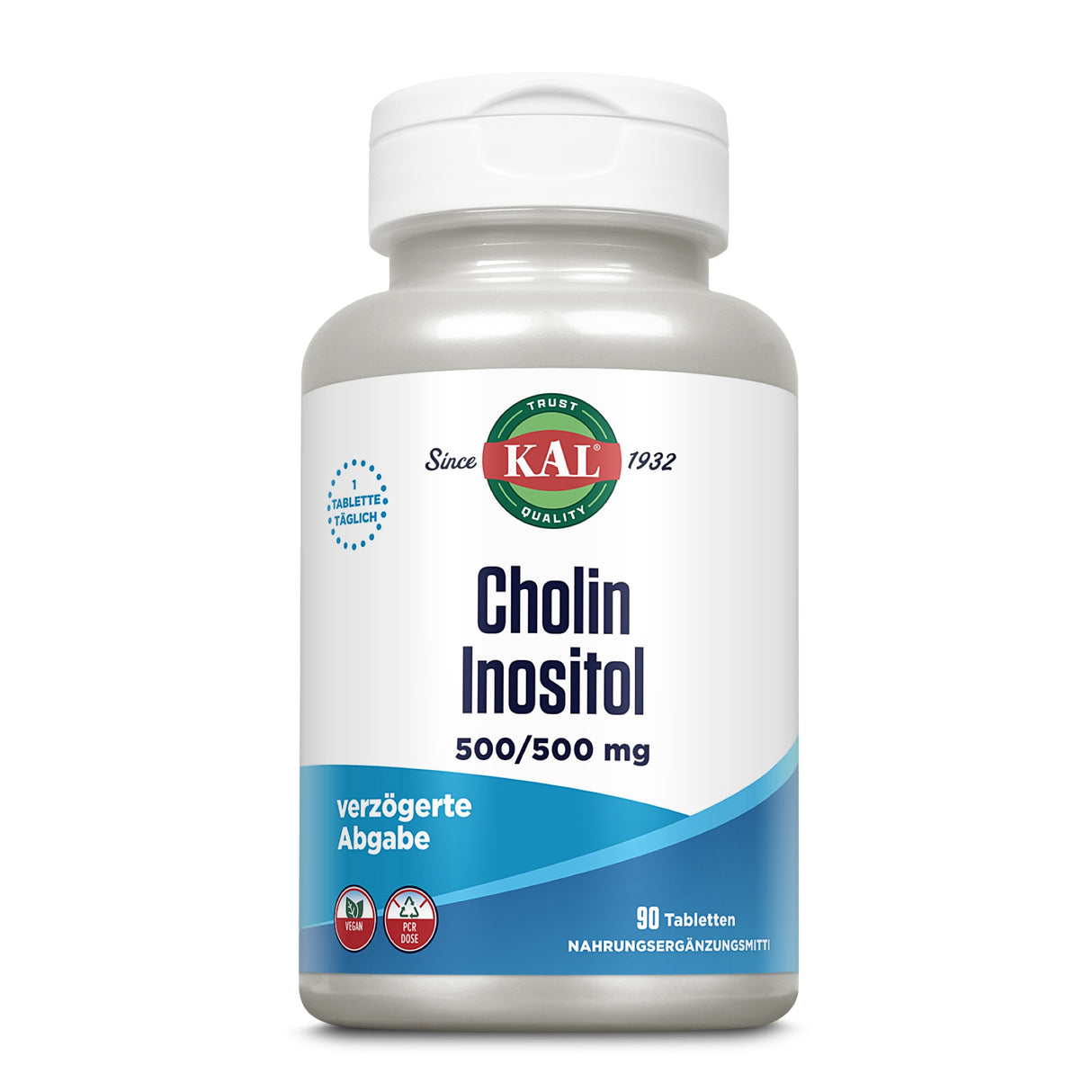 Eine weiße Plastikflasche mit einem Etikett, auf dem 'KAL Cholin Inositol 500/500 mg' steht. Die Flasche enthält 90 Tabletten mit verzögerter Abgabe. Das Etikett zeigt auch Symbole für vegan und PCR-Dose.